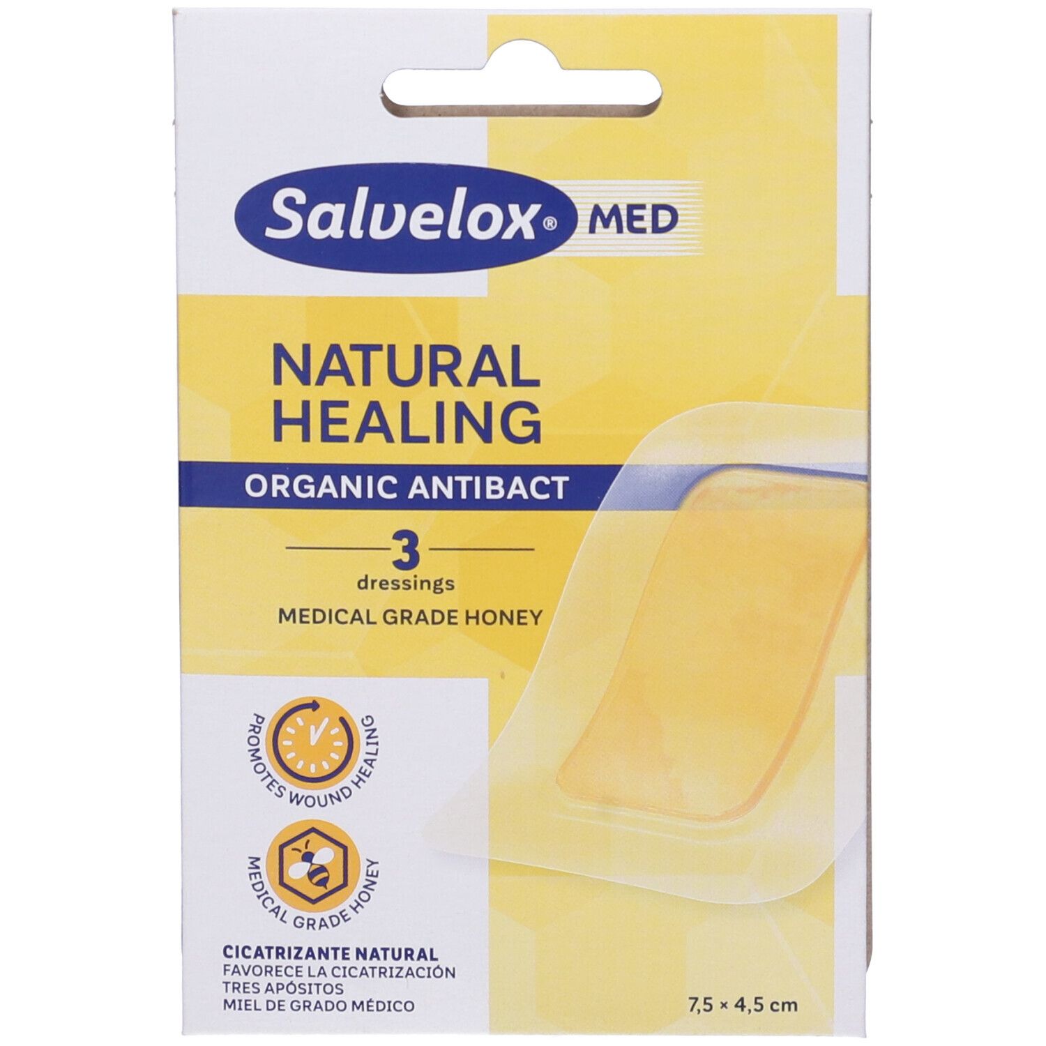 Salvelox Med Natural Healing Organic Antibact Cerotti con Miele di Grado Medico 7,5cm x 4,5cm 3 pz Cerotto