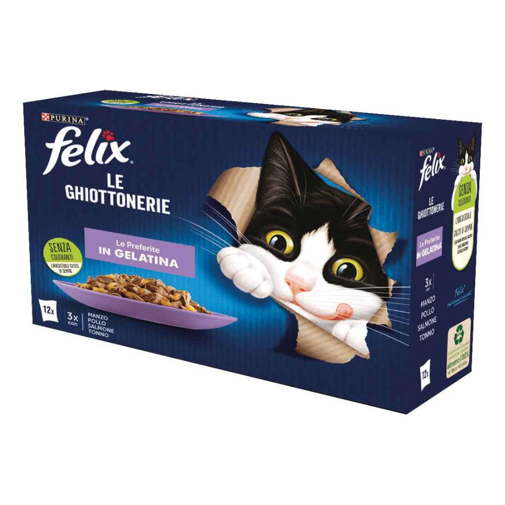 NESTLE' PURINA FELIX GATTO GHIOTTONERIE PREFERITE JELLY MANZO/POLLO/SALMONE/TONNO 12x85GR (bustina) MULTIPACK