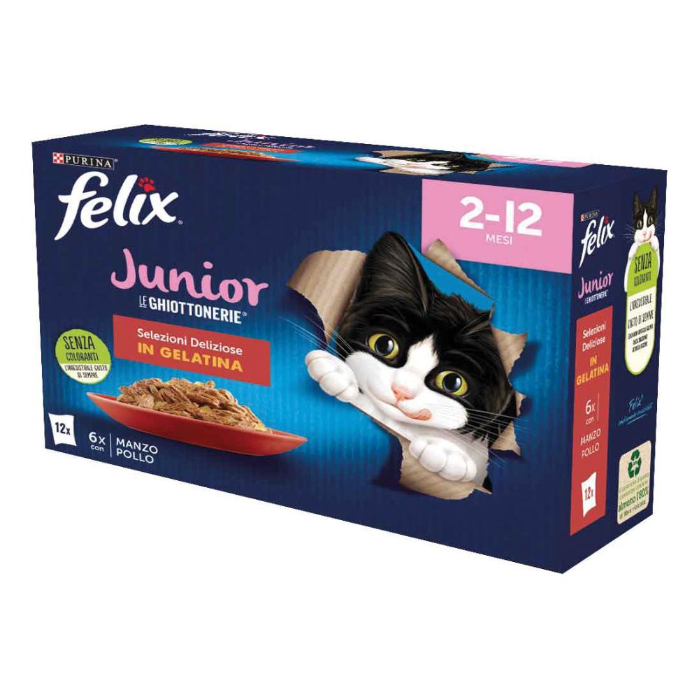 NESTLE' PURINA FELIX GATTO GHIOTTONERIE JELLY JUNIOR SELEZIONI MANZO/POLLO 12x85GR (bustina) MULTIPACK