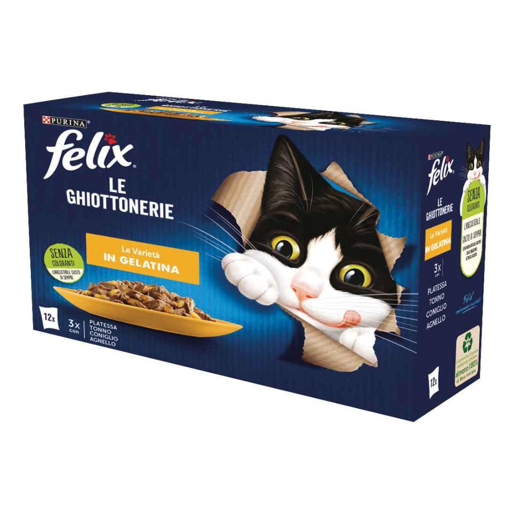 NESTLE' PURINA FELIX GATTO GHIOTTONERIE JELLY VARIETA' PLATESSA/TONNO/CONIGLIO/AGNELLO 12x85GR (bustina) MULTIPACK