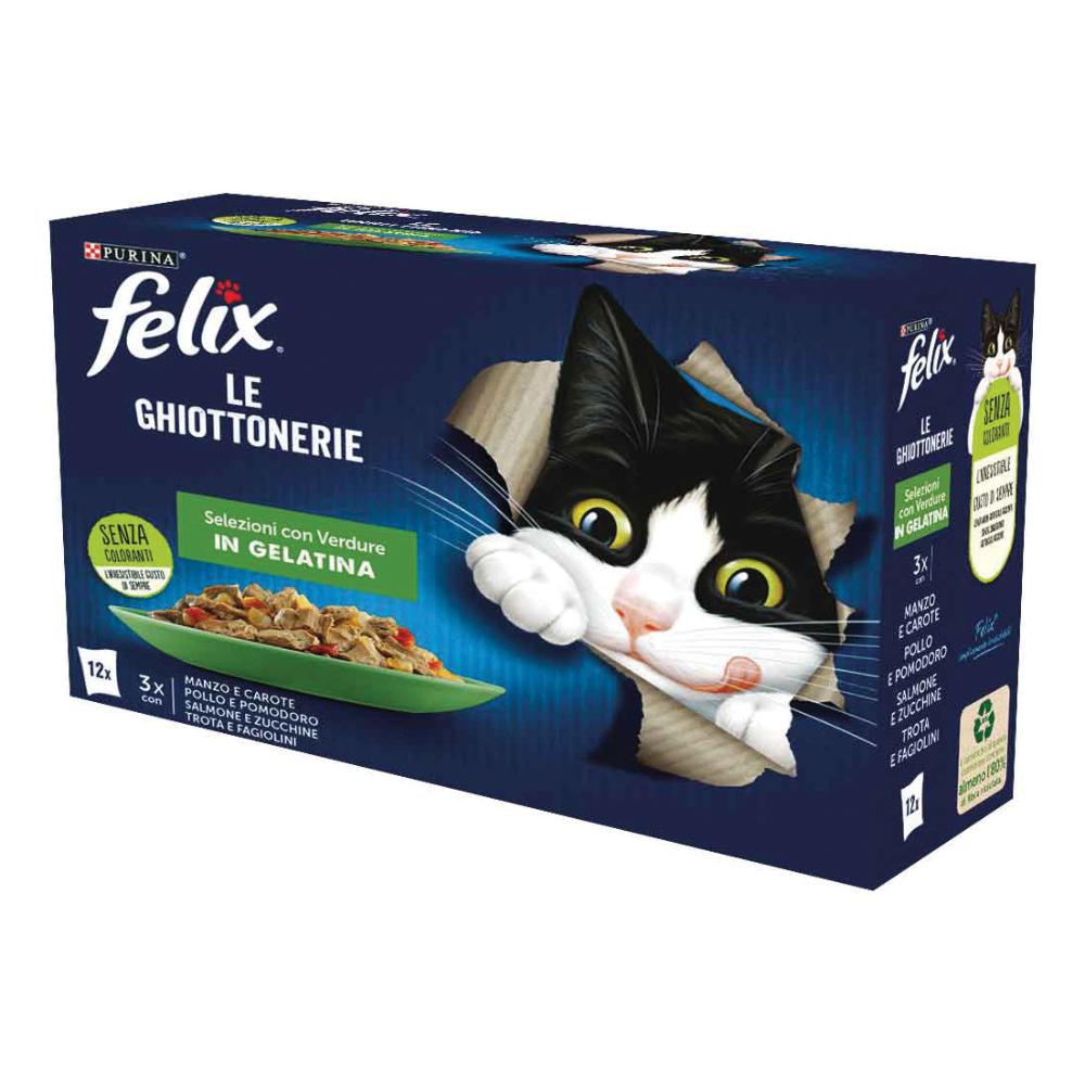 NESTLE' PURINA FELIX GATTO GHIOTTONERIE JELLY SELEZIONI MANZO/POLLO/SALMONE/TROTA 12x85GR (bustina) MULTIPACK