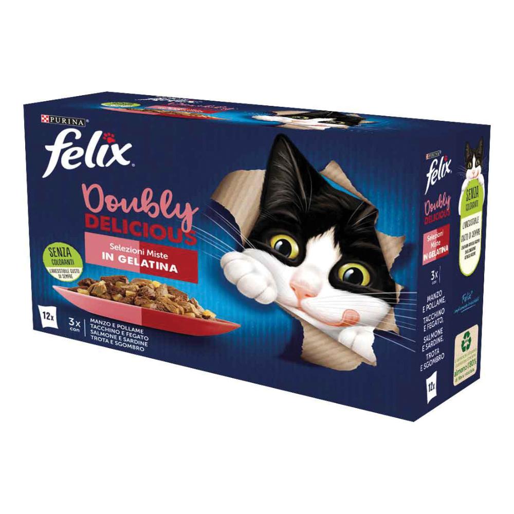 NESTLE' PURINA FELIX GATTO DOUBLY DELICIOUS JELLY SELEZIONI MANZO/TACCHINO/SALMONE/TROTA 12x85GR (bustina) MULTIPACK