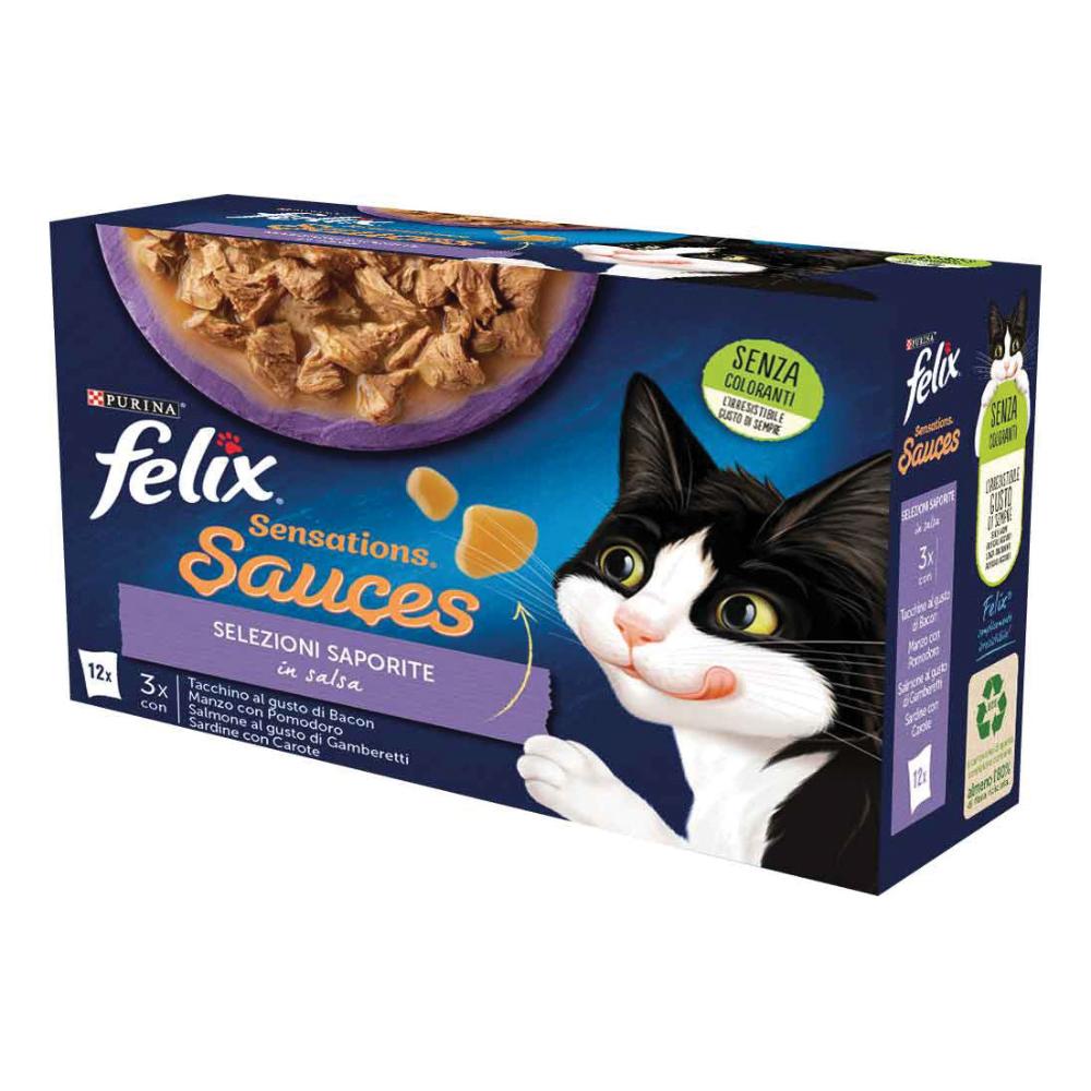 NESTLE' PURINA FELIX GATTO SENSATIONS SAUCES SELEZIONI TACCHINO/MANZO/SALMONE/SARDINE 12x85GR (bustina) MULTIPACK