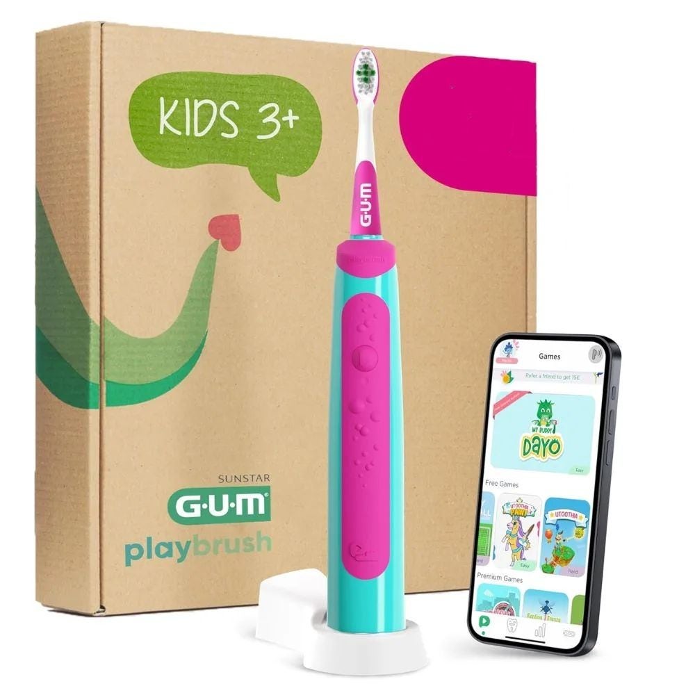 Gum Playbrush Junior 3+ Rosa - Spazzolino sonico per l'igiene orale, 1 spazzolino e 2 testine