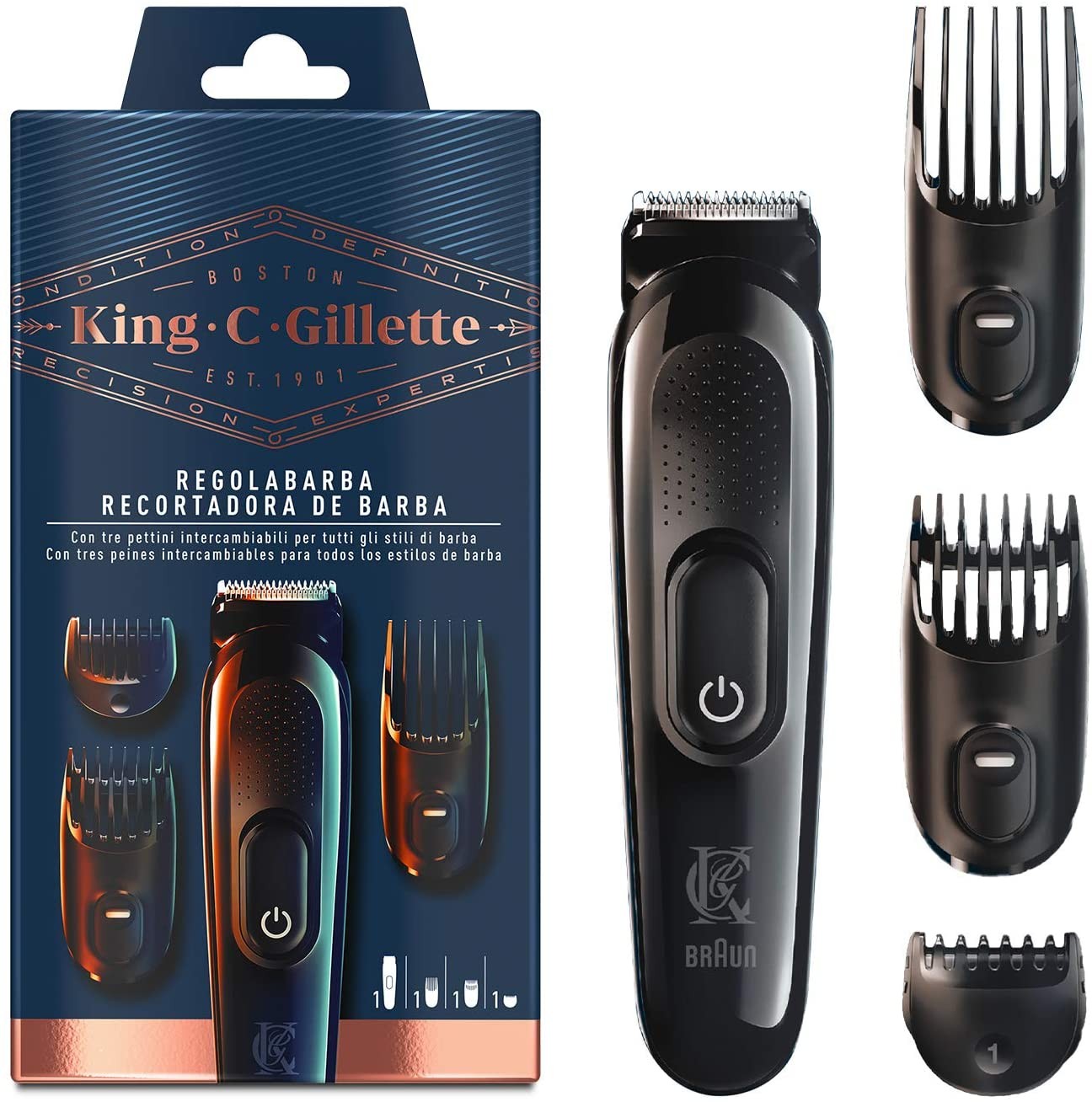 King C. Gillette Regolabarba Con 3 Pettini Intercambiabili Per Tutti I Tipi Di Barba