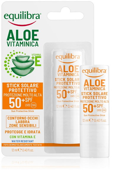Equilibra Aloe Vitaminica 12 ml Stick Solare Protettivo SPF 50+ Protezione Zone Sensibili con Aloe Vera e Vitamina E