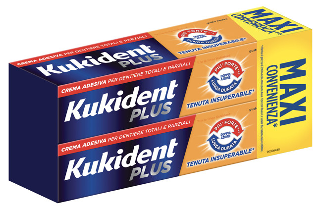 Kukident Plus Bipacco Morso Insuperabile Crema Adesiva per Dentiere Totali e Parziali 2 X 57g