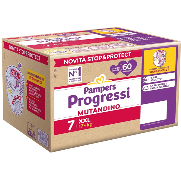 Pampers Progressi Mutandino Taglia 7 XXL 17+ kg 60 Pannolini Massima Assorbenza e Comfort