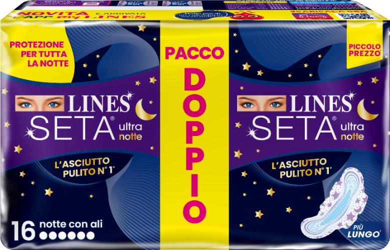 Lines Seta Ultra Notte Assorbenti Con Ali 16 Pezzi Pacco Doppio