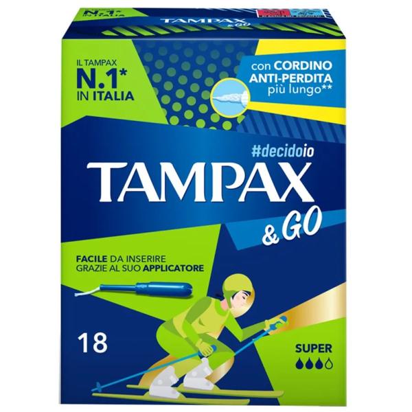 Tampax & Go Super 18 Assorbenti Interni con Cordino Anti-Perdita più Lungo
