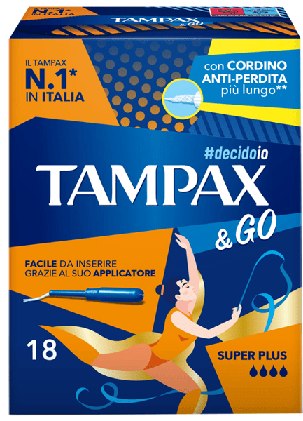 Tampax & Go Assorbente Interno Super Plus con Cordino Anti-Perdita 18 Pezzi