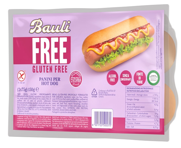 Bauli Free - Panini morbidi per hot dog senza glutine per celiaci, 2 x 75 g