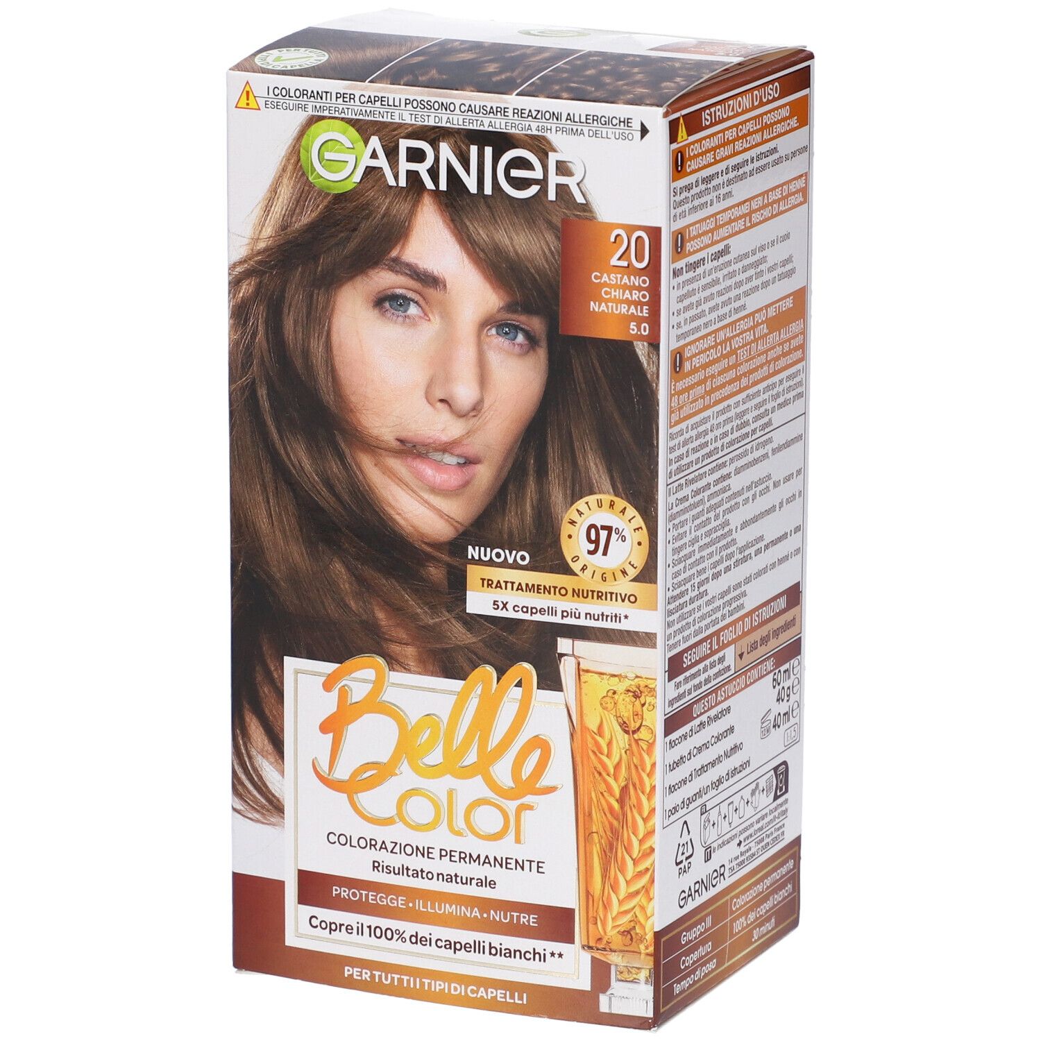 Garnier Tinta Capelli Belle Color, Colore Luminoso e Riflessi Naturali, Copre il 100% dei capelli bianchi, Castano Chiaro Naturale 1 pz Tintura