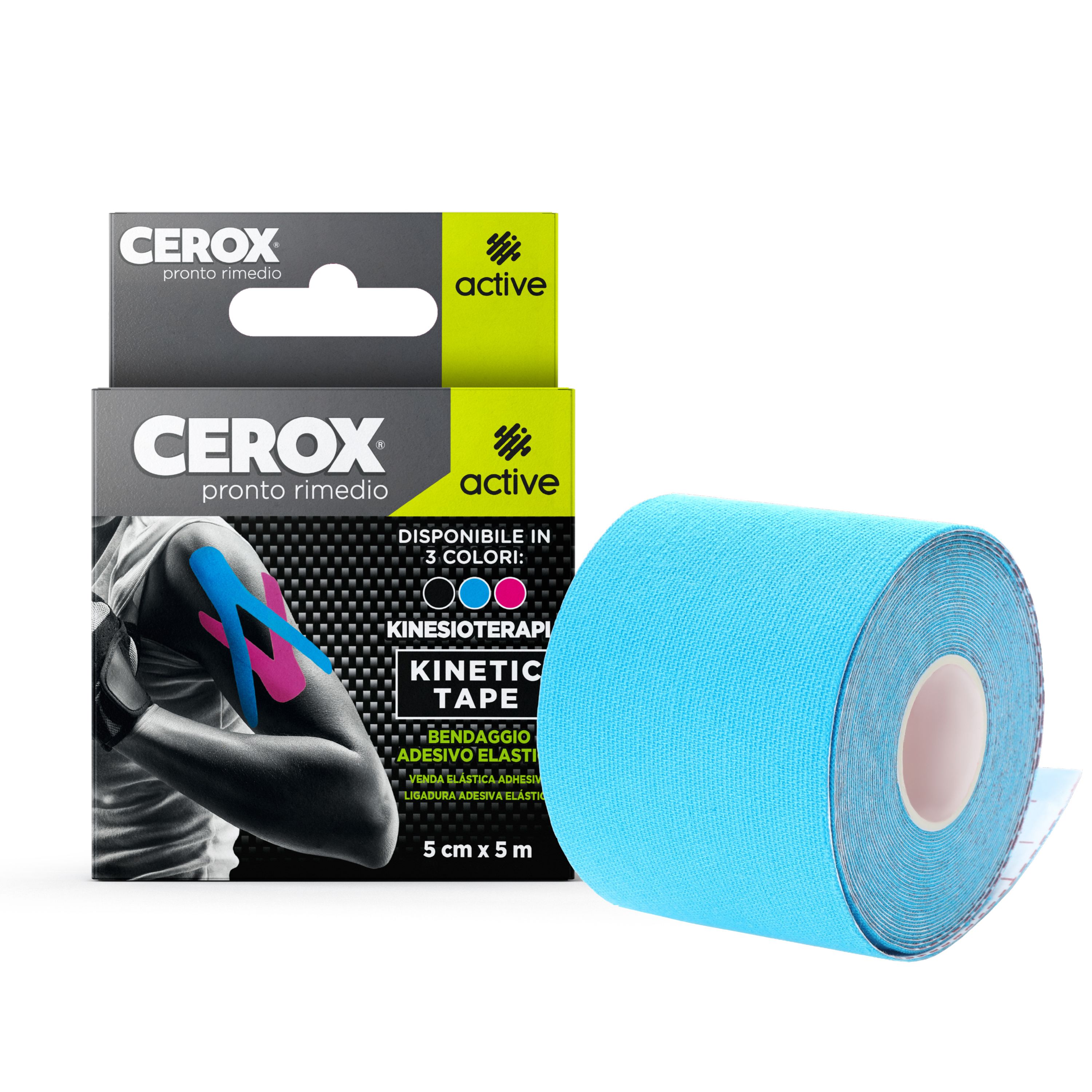 CEROX Active, Kinetic Tape Cerotto Elastico, Per Funzione Muscolare e Stabilità Articolare, 5cmx5m 1 St