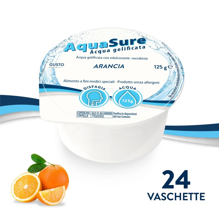 AquaSure Acqua Gel Gelificata per Disfagia Gelatina al Gusto Arancia, 24x125 g