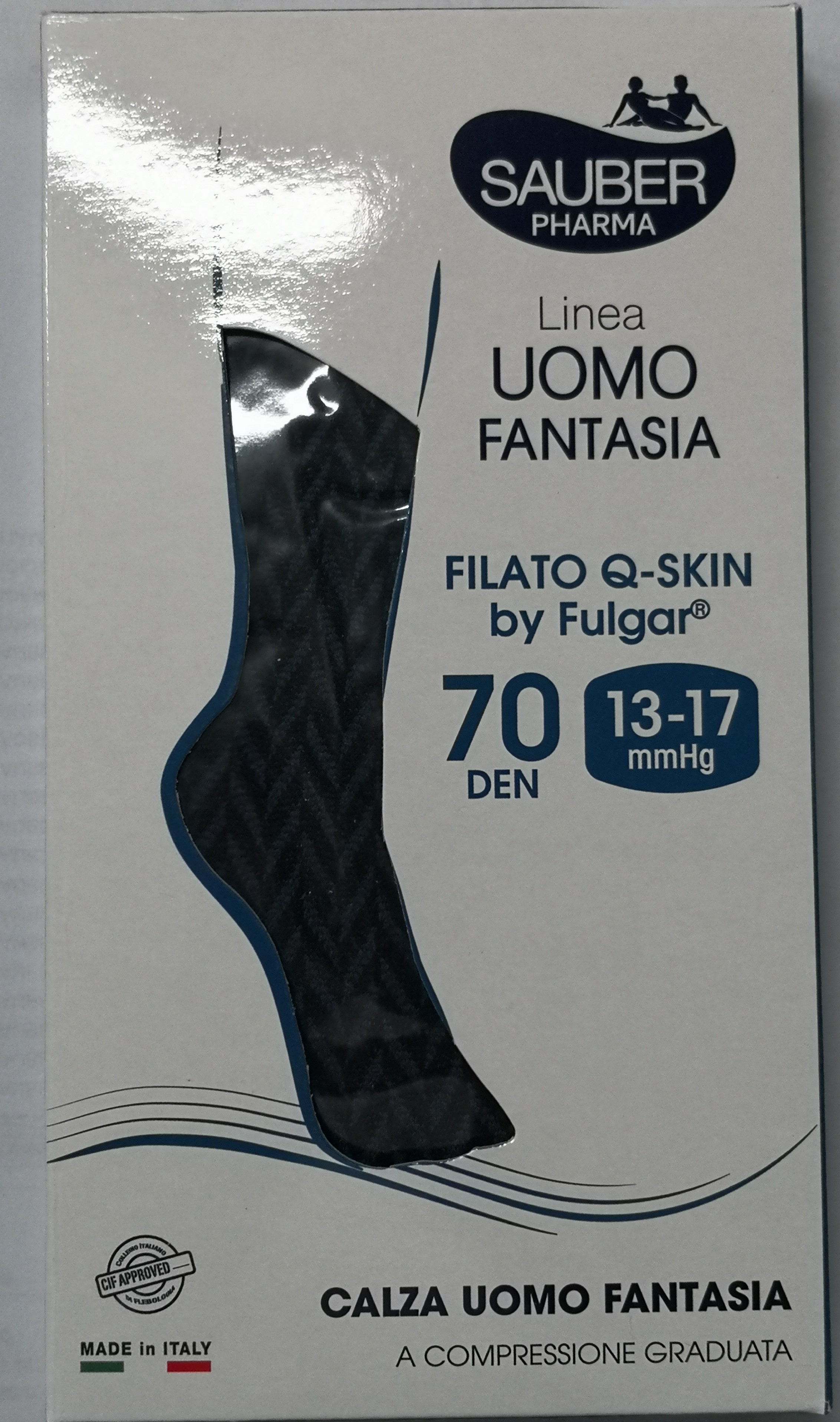 Sauber Linea Uomo Fantasia Filato Q-skin 13-17 Mmhg Calza 70 Denari Spiga Nero Taglia S/m