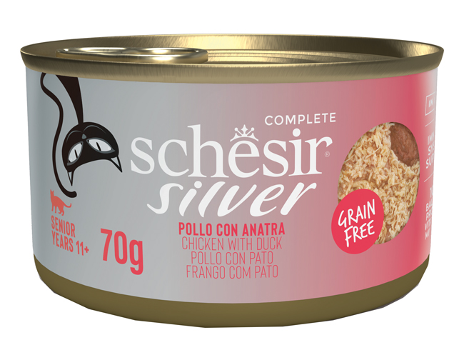 SCHESIR GATTO SILVER GRAIN FREE SENIOR POLLO ANATRA 70GR (lattina)