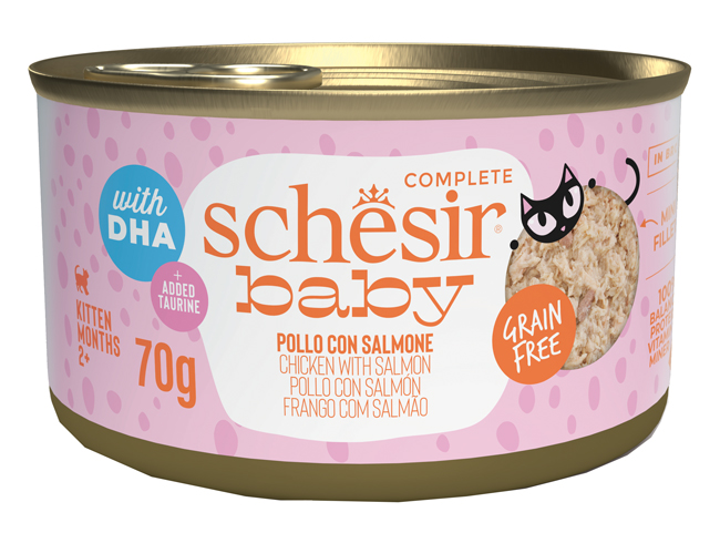 SCHESIR GATTO BABY GRAIN FREE KITTEN POLLO SALMONE 70GR (lattina)