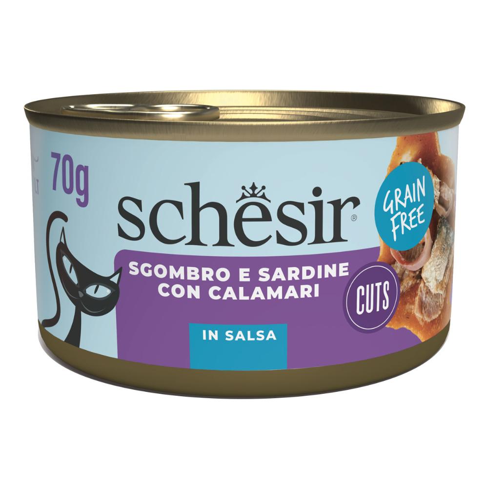 SCHESIR GATTO SALSA GRAIN FREE SGOMBRO CON SARDINE E CALAMARI 70GR (lattina)