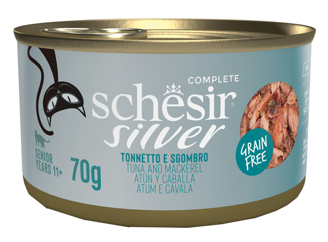 SCHESIR GATTO SILVER GRAIN FREE SENIOR TONNO SGOMBRO 70GR (lattina)