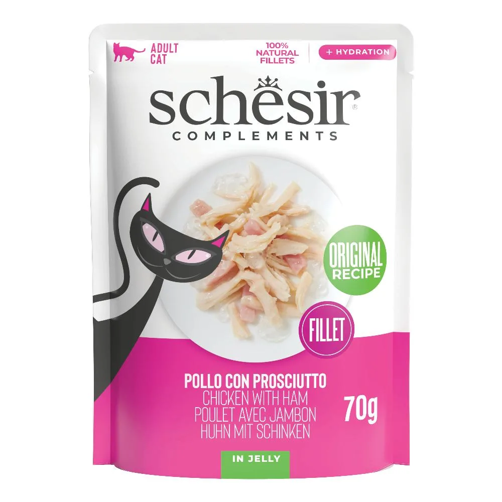 SCHESIR GATTO JELLY ADULT POLLO PROSCIUTTO 70GR (bustina) — confronto prezzi