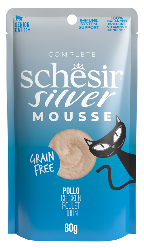 SCHESIR GATTO SILVER MOUSSE GRAIN FREE SENIOR POLLO 80GR (bustina) — confronto prezzi