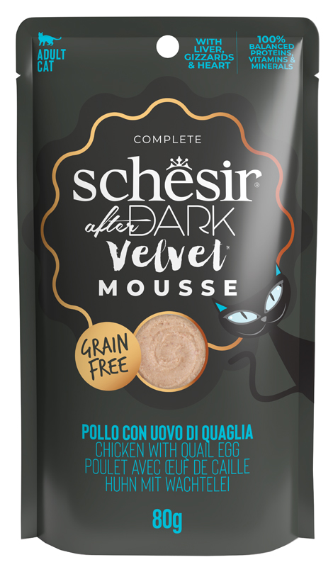 Schesir Gatto After Dark Velvet Mousse Adulto Pollo &amp; Uovo Di Quaglia Busta 80 Gr