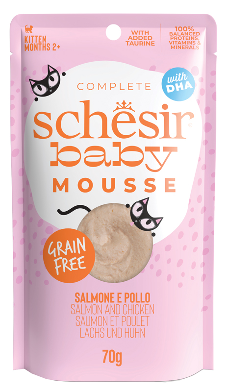 SCHESIR GATTO BABY MOUSSE KITTEN GRAIN FREE SALMONE POLLO 70GR (bustina)