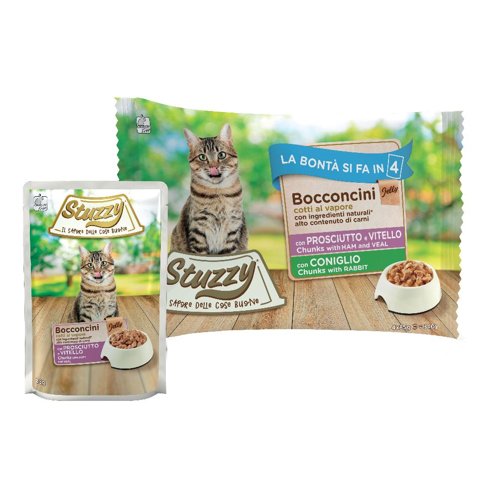 STUZZY GATTO BOCCONCINI JELLY PROSCIUTTO VITELLO/CONIGLIO 4x85GR (bustina) MULTIPACK