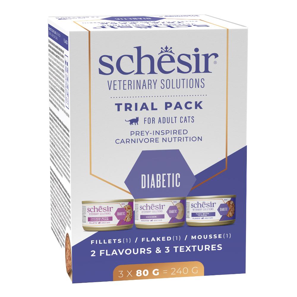 SCHESIR GATTO VETERINARY SOLUTIONS DIABETIC MOUSSE POLLO PEZZETTI TONNO FILETTI POLLO 3x80GR (lattina) - MULTIPACK