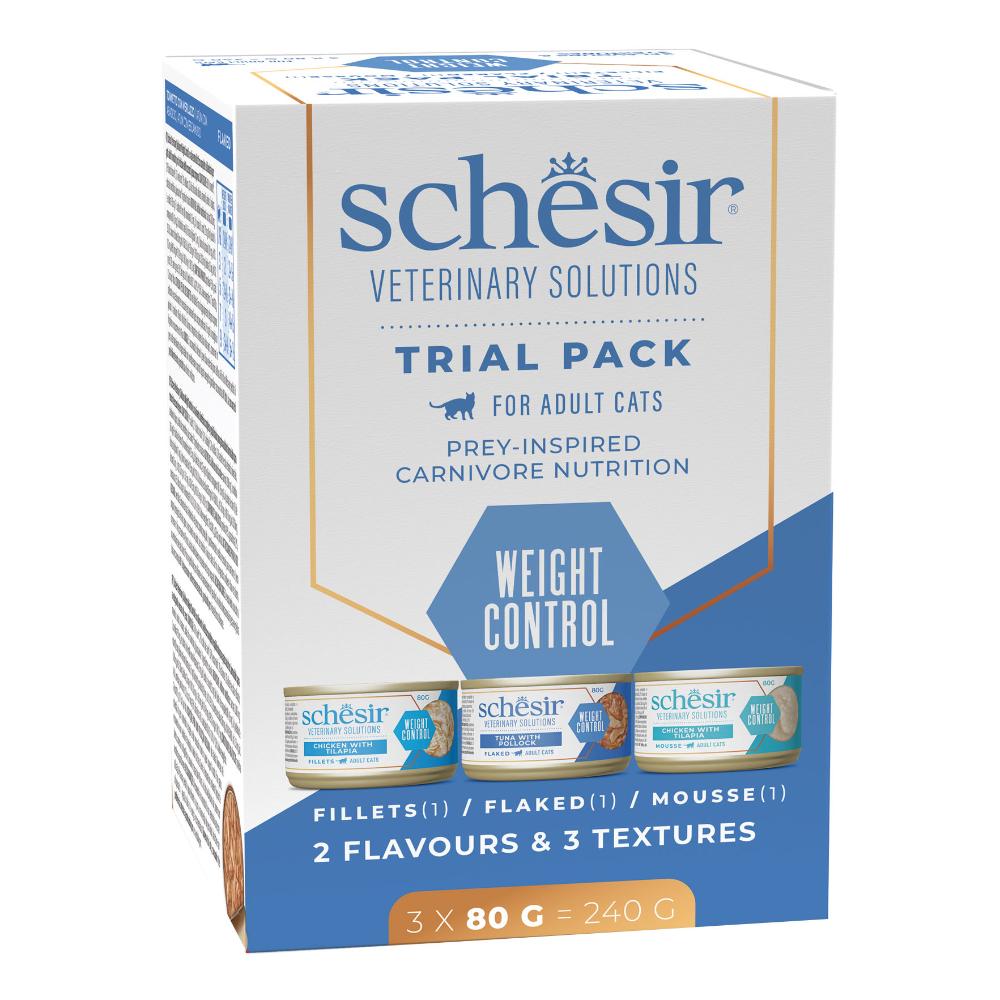 SCHESIR GATTO VETERINARY SOLUTIONS WEIGHT CONTROL MOUSSE POLLO FILETTI DI POLLO PEZZETTI TONNO 3x80GR (lattina) - MULTIPACK — confronto prezzi