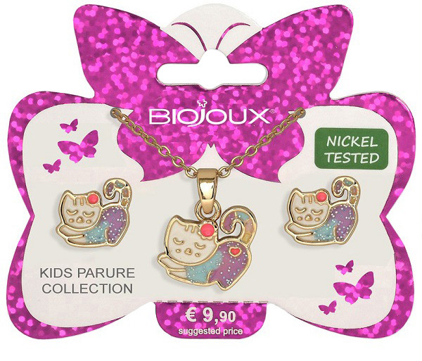 Biojoux Sleepy Kitty Parure Con Collana E Orecchini Acciaio Medicale Gold Plated