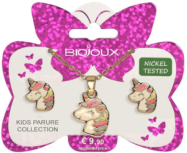 Biojoux Smile Unicorn Parure Con Collana E Orecchini Acciaio Medicale Gold Plated