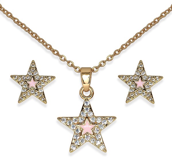 Biojoux Crystal Star Parure Con Collana E Orecchini Acciaio Medicale Gold Plated
