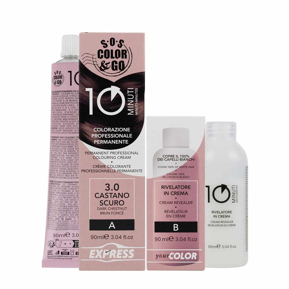 SOS Color & Go Set Colorazione Permanente in 10 Minuti Colore 3.0 Castano Scuro