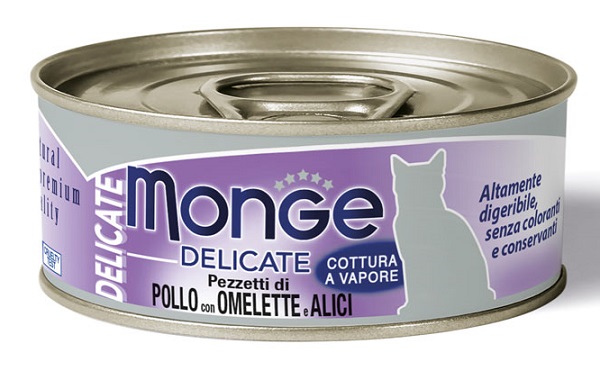 Monge Gatto Delicate Lattina Adulto Pezzetti Di Pollo, Omelette &amp; Acciughine 80 Gr