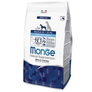 Monge Medium Puppy & Junior Ricco Di Pollo Cibo Secco Per Cani Cuccioli Taglia Media Sacco 12 Kg