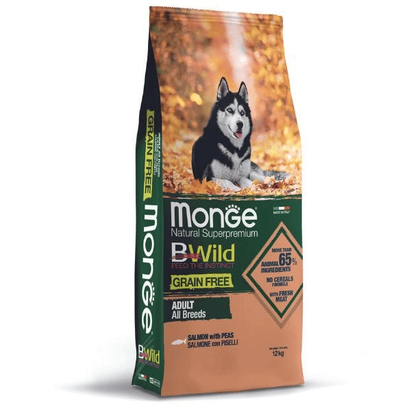 Monge Natural Superpremium Grain Free Formula All Breeds Gusto Salmone Con Piselli Cibo Secco Cani Adulti Sacco 12Kg