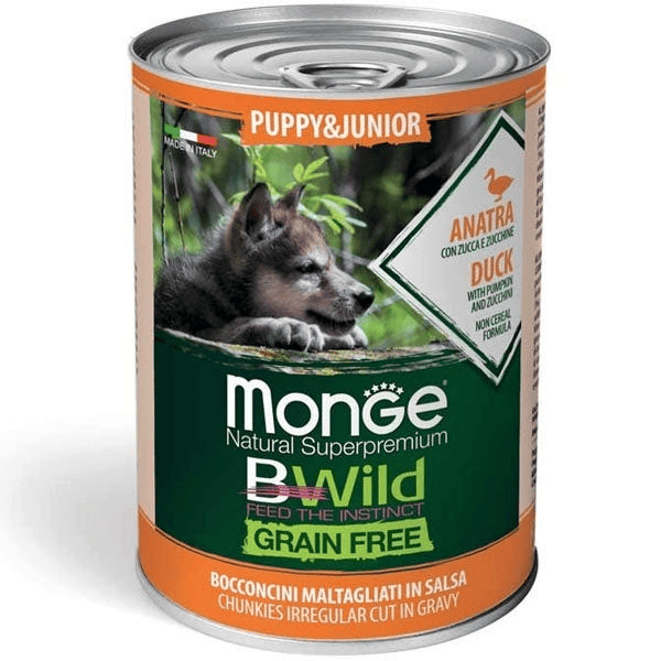 Monge B Wild Grain Free All Breeds Con Anatra Zucca Zucchine Cibo Umido Cani Cuccioli Lattina 400G