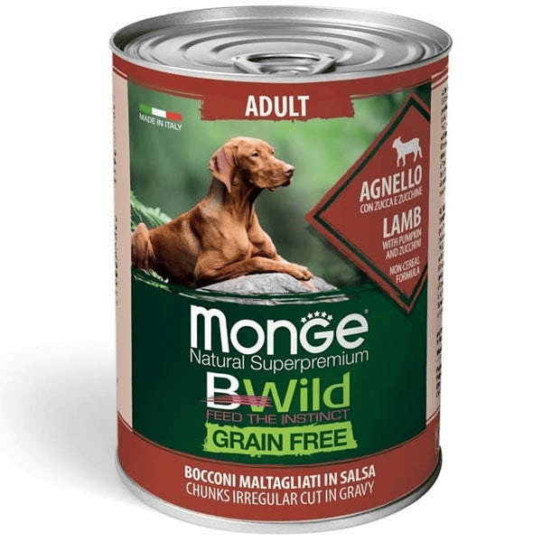 Monge Natural Super Premium Bwild Grain Free Formula All Breeds Gusto Agnello Zucca Zucchine Cibo Umido Cani Adulti Lattina 400G
