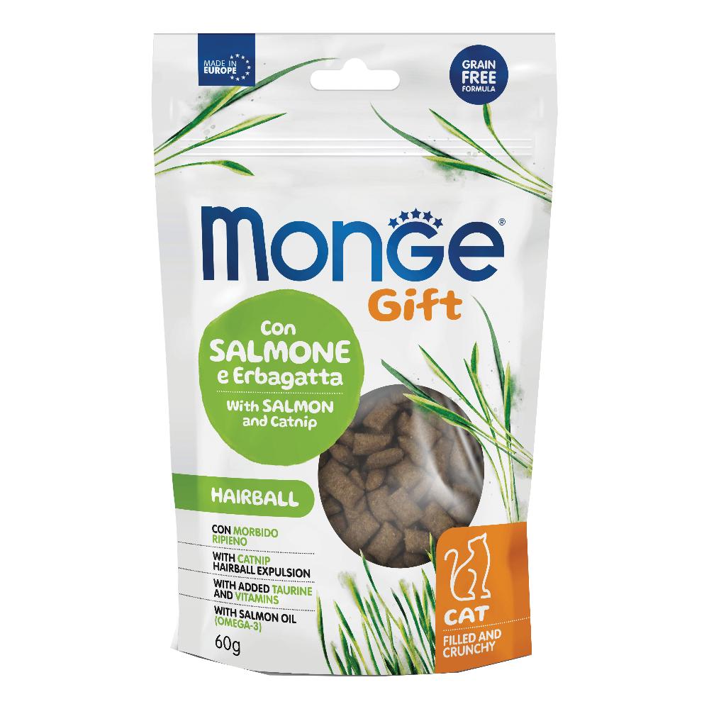 Monge Gift Hairball Gatto con Salmone ed Erba Gatta Filled and Crunchy, 60 g