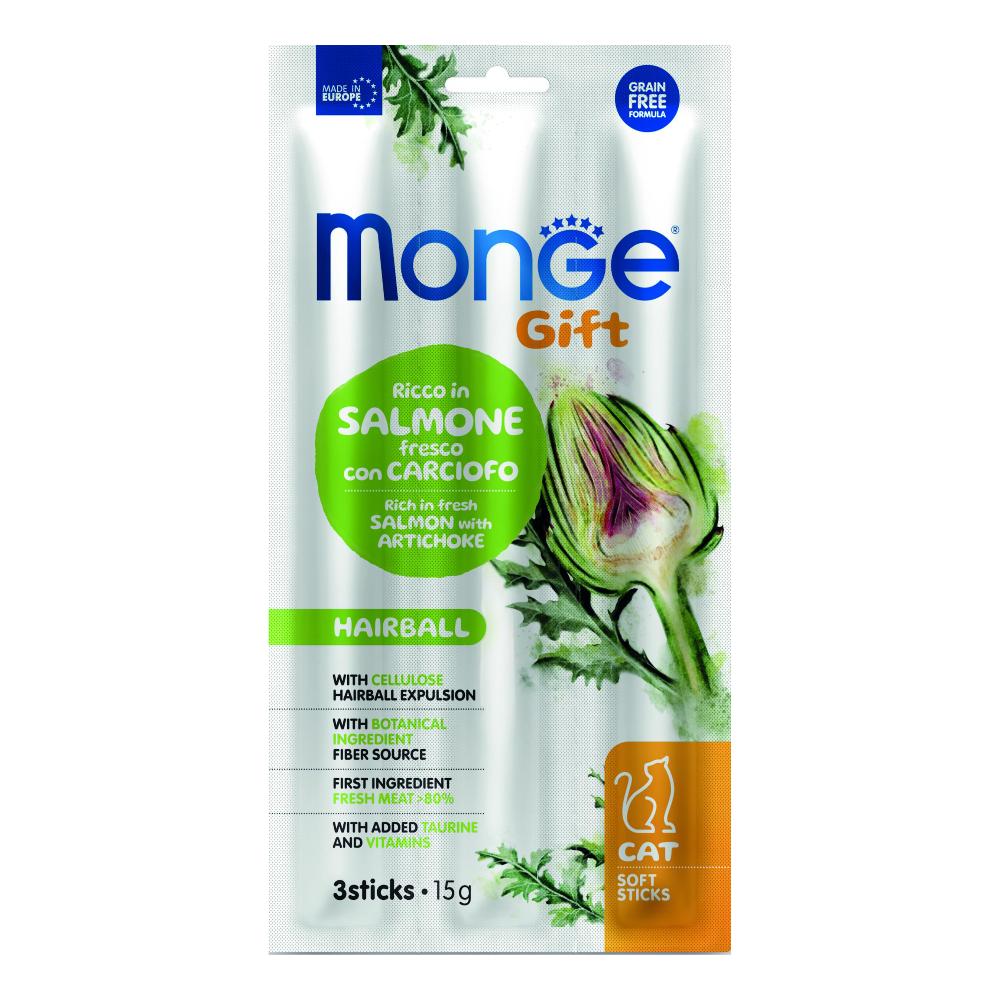 Monge Gift Hairball Gatto Ricco in Salmone Fresco con Carciofo Soft Sticks, 15 g