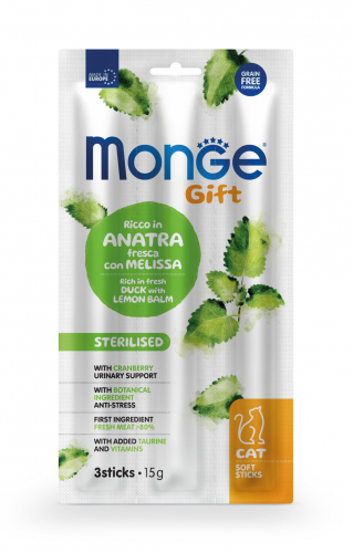 Monge cat soft sticks gift sterilised ricco in anatra fresca con melissa e mirtilli rossi 15 g — confronto prezzi