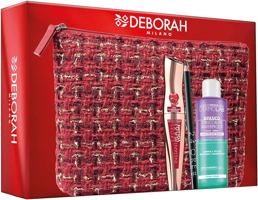 Deborah Kit Sguardo Perfetto Mascara Instant Maxi Volume + Matita Occhi 24ore Black + Struccante Bifasico + Pochette