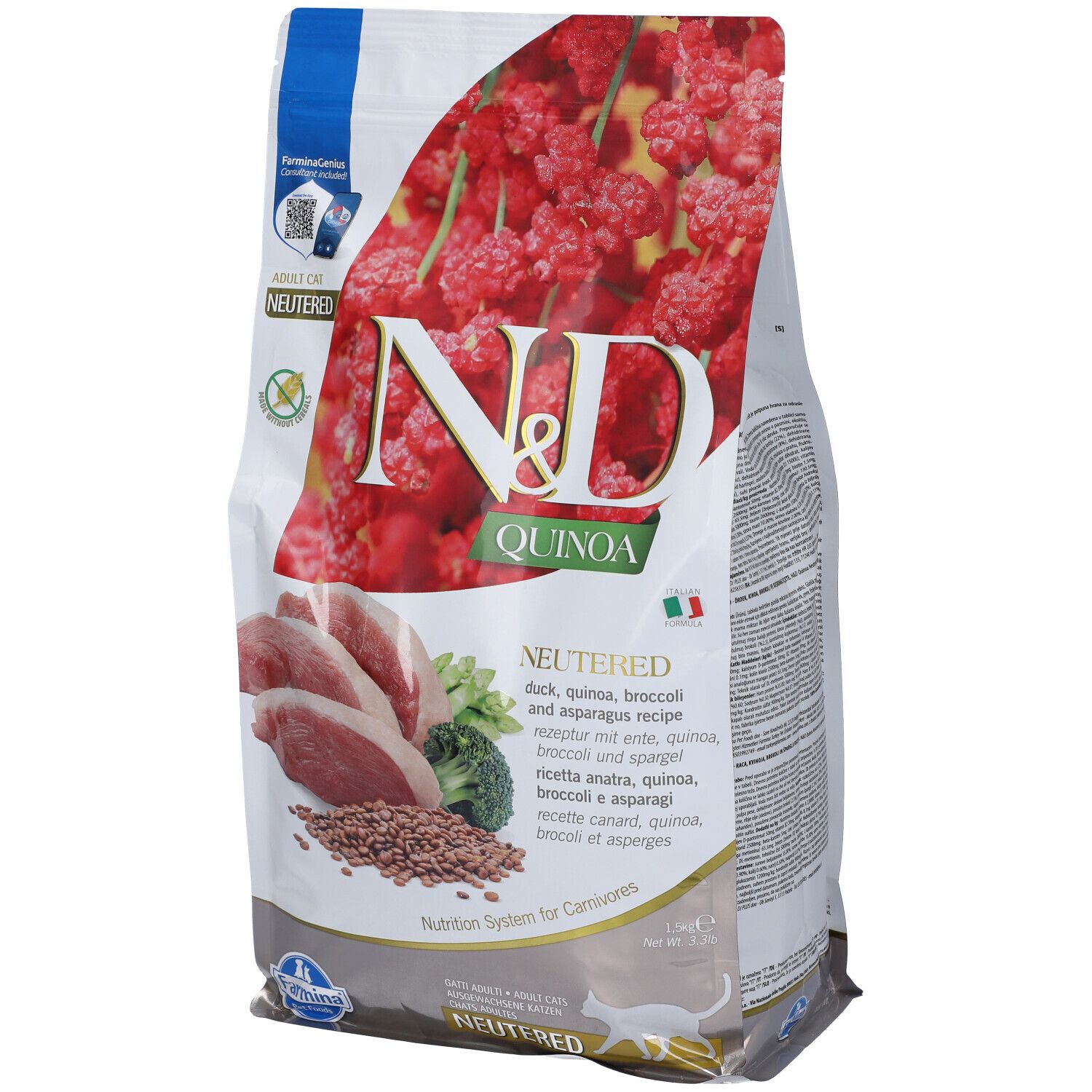 Farmina N&D Quinoa Cat Duck Broccoli Asparagus Neutered Adult 1500 g Mangime — confronto prezzi