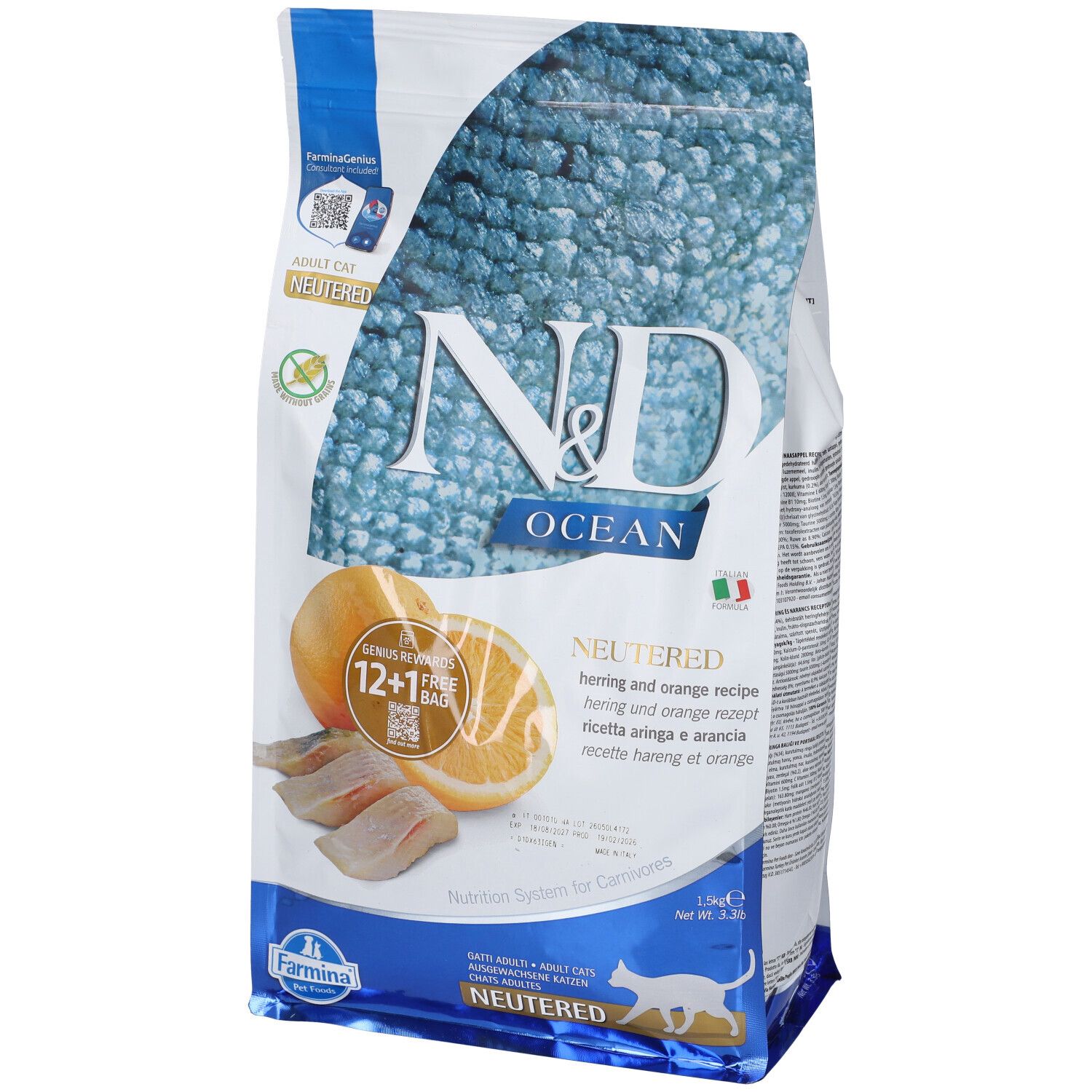 Farmina® N&D Ocean Neutered, Herring & Orange Adult 1500 g Pellets — confronto prezzi