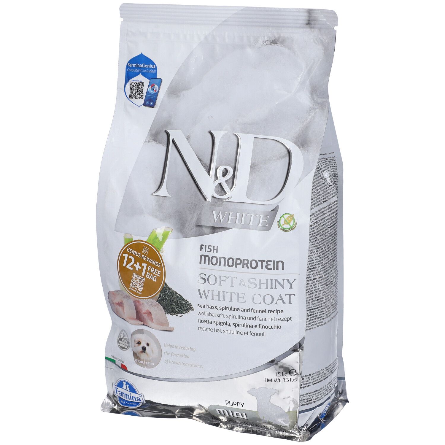 N&amp;d white dog seabass spirulina fennel puppy mini 1,5 kg