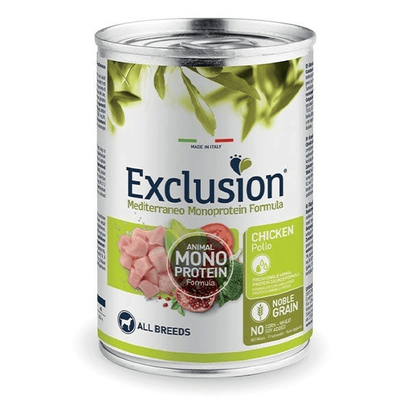 Exclusion Mediterraneo Monoprotein Noble Grain Umido Al Pollo Per Cani Lattina 400Gr — confronto prezzi