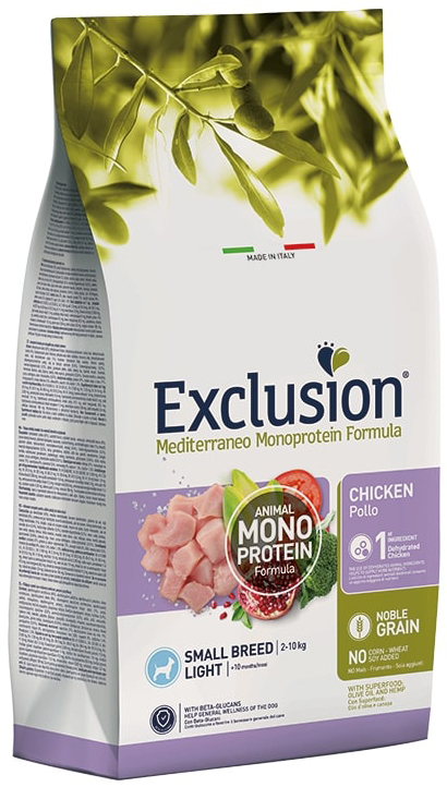 EXCLUSION CANE MEDITERRANEO MONOPROTEICO NOBLE GRAIN SMALL BREED LIGHT ADULT POLLO 500GR