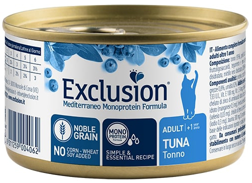 EXCLUSION GATTO MEDITERRANEO MONOPROTEICO NOBLE GRAIN ADULT TONNO 85GR (lattina)